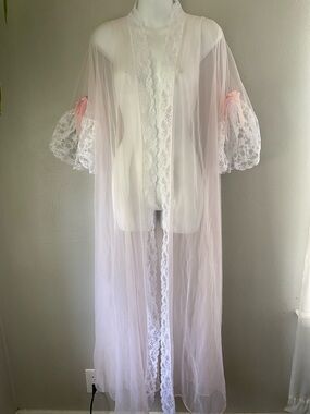 Sheer White Lace-Trim Long Robe with Pink Bow Accents